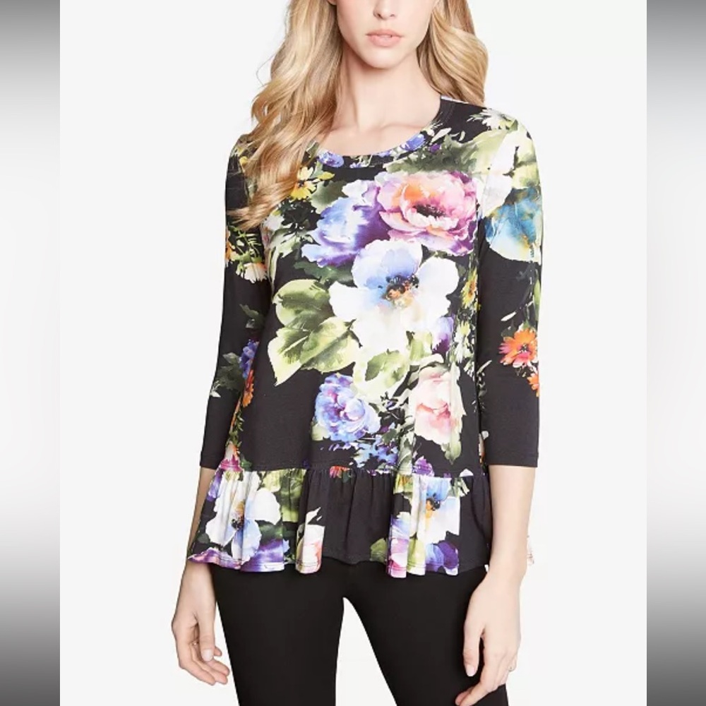 Karen Kane Floral Ruffle Hem Top with 3/4 sleeves